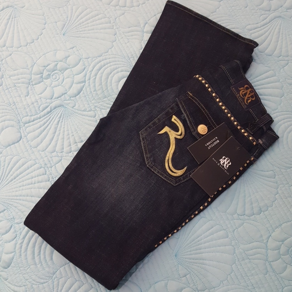 Rock & Republic Kasandra Blue & Gold Bootcut Jeans